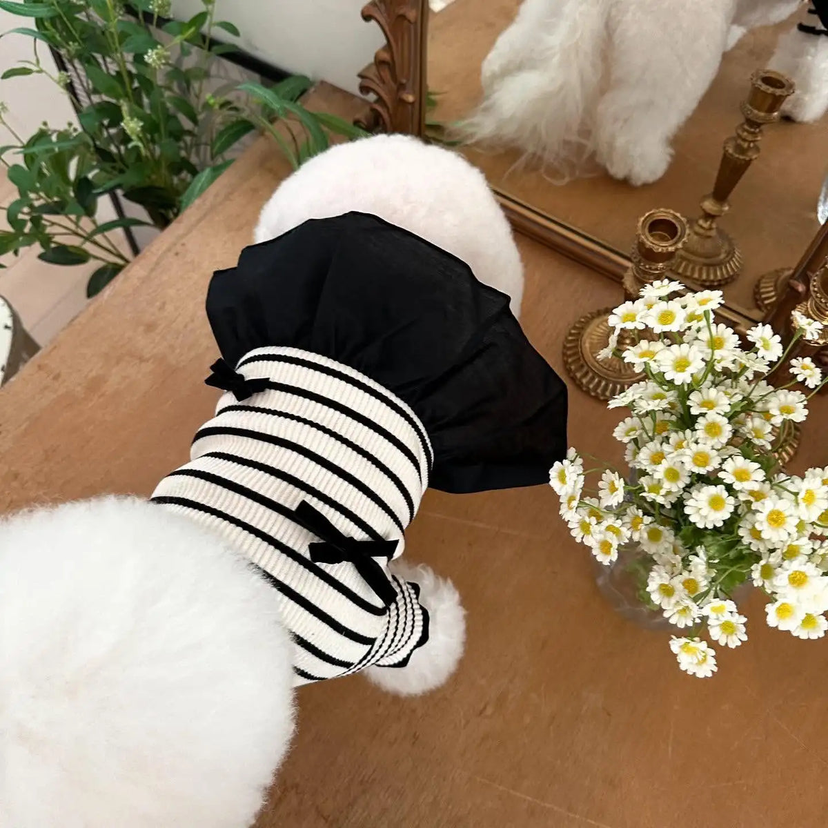 Summer Pet Bow Puppy Shirt Collar Strap Fashion Flying Sleeve Striped Dog Dress Black White Dress Teddy for Small Dog Clothes