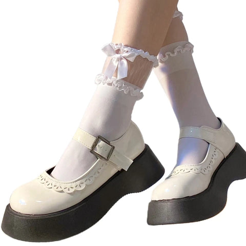 Women’s Lolita Transparent Mesh Crew Socks with Ruffled Lace Trim and Bowknot