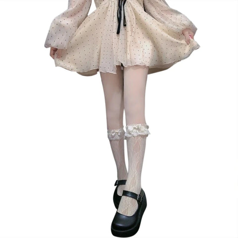 Women’s Lolita Transparent Mesh Crew Socks with Ruffled Lace Trim and Bowknot