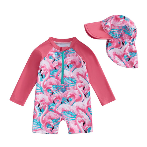 Tregren Toddler Girl Long Sleeve Swimsuit with Sun Hat