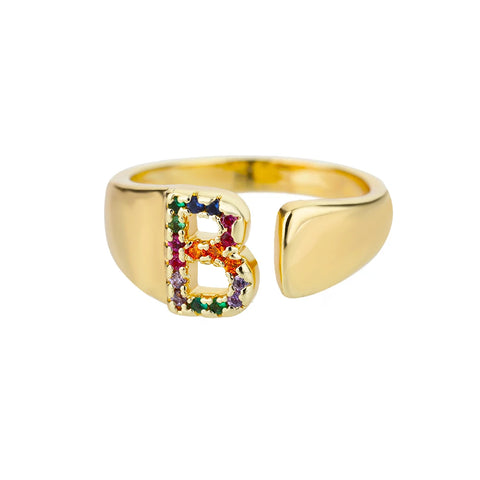 Rainbow Zircon Letter Rings - Stylish A-Z Chunky Wide Stainless Steel Jewelry for Women