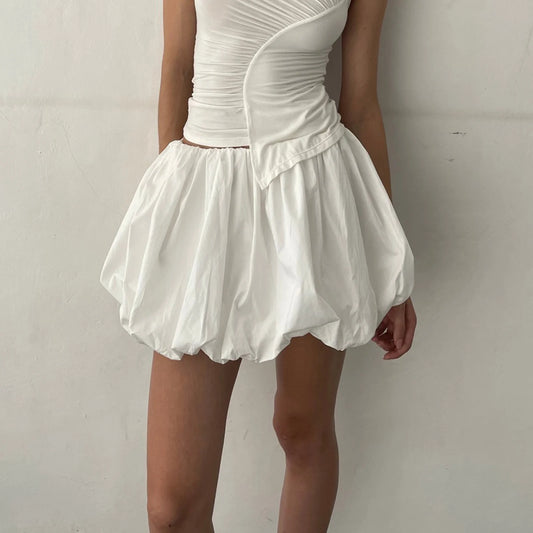 Hirigin Women Y2K Bubble Skirt - Elastic Waist Pleated Ruffle Hem A-Line Mini Skirt