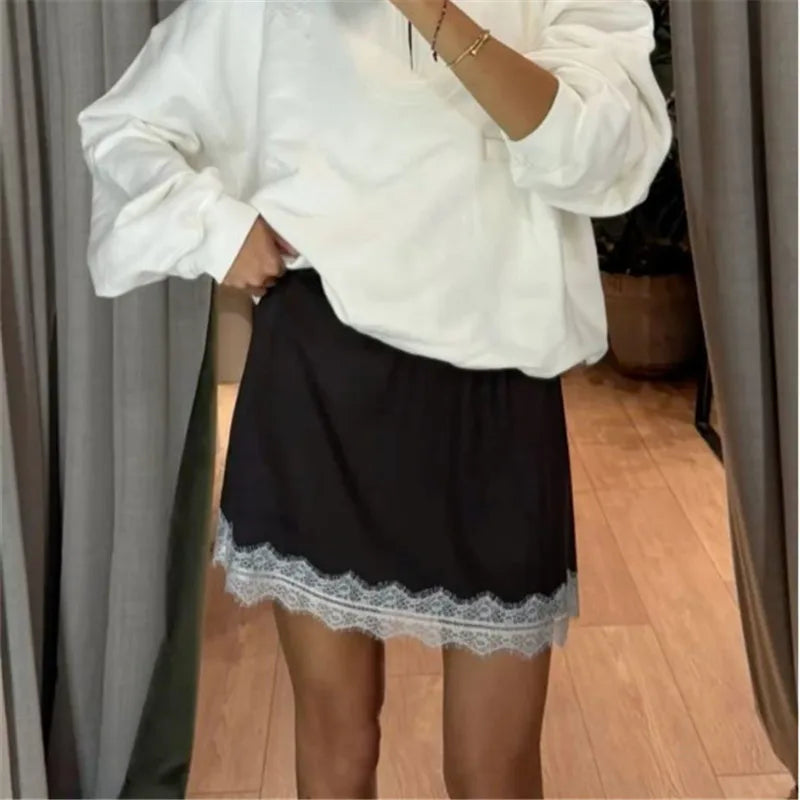 Hirigin Summer French Women Satin Pajama Skirts with Lace Trim