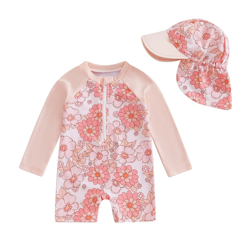 Tregren Toddler Girl Long Sleeve Swimsuit with Sun Hat