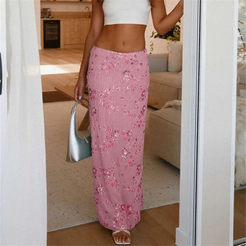 Hirigin Women Sequin Beaded Maxi Skirt - Sparkly High Waist Bodycon Evening Wear