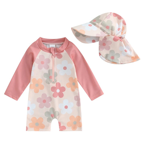 Tregren Toddler Girls Rash Guard Swimsuit with Swim Cap