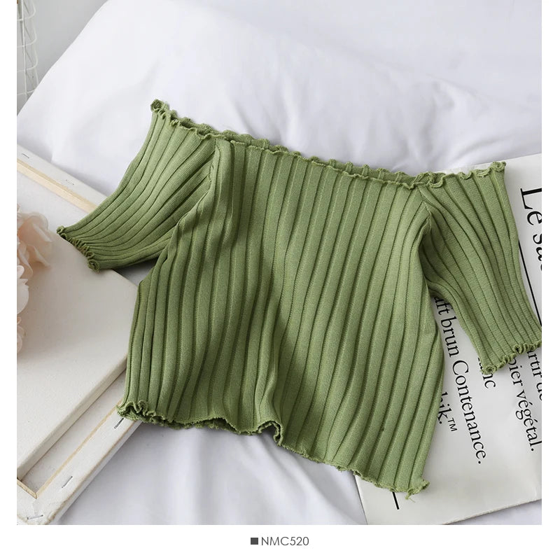 ITOOLIN Women Knitted Ruffles Hem Tops