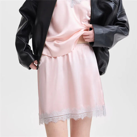 Hirigin Summer French Women Satin Pajama Skirts with Lace Trim
