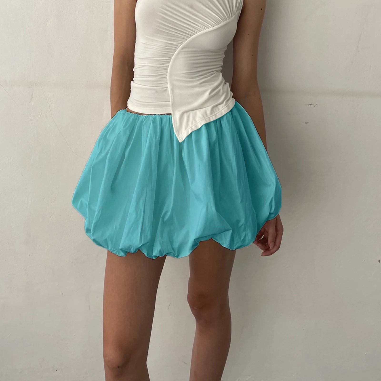 Hirigin Women Y2K Bubble Skirt - Elastic Waist Pleated Ruffle Hem A-Line Mini Skirt