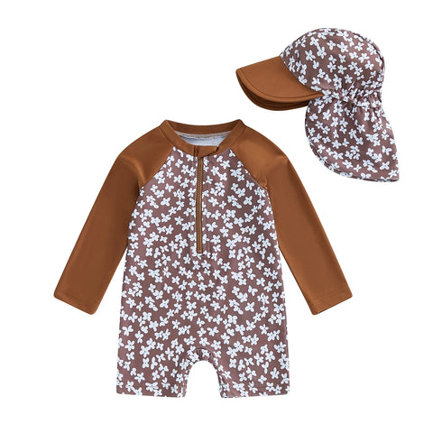 Tregren Toddler Girl Long Sleeve Swimsuit with Sun Hat