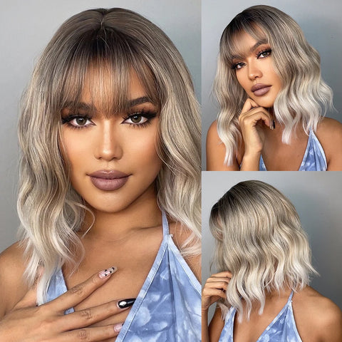 EASIHAIR Dark Brown Wavy Bob Wig with Bangs - Synthetic Heat Resistant Medium Length Wig for Women