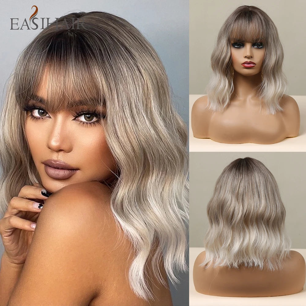 EASIHAIR Ombre Brown Blonde Wigs with Bangs - Layered Heat Resistant Synthetic Wig for Women