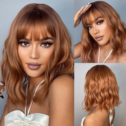 EASIHAIR Ombre Brown Blonde Wigs with Bangs - Layered Heat Resistant Synthetic Wig for Women