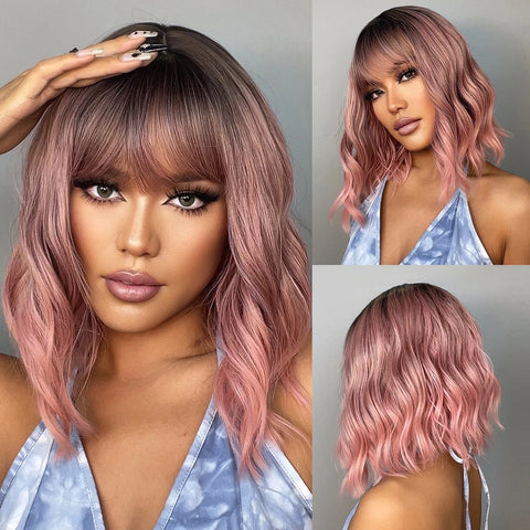 EASIHAIR Ombre Brown Blonde Wigs with Bangs - Layered Heat Resistant Synthetic Wig for Women