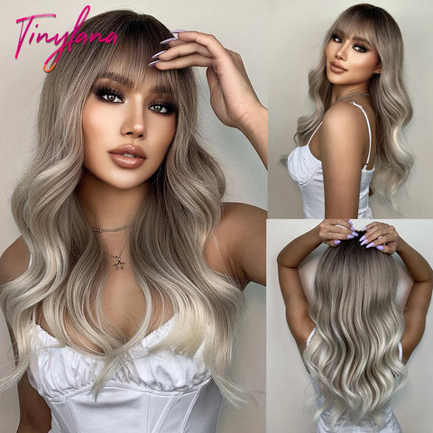 Light Pink Long Wavy Cosplay Synthetic Hair Wig with Bangs - Perfect for Halloween and Daily Wear