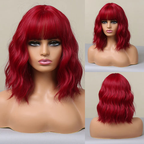 EASIHAIR Dark Brown Wavy Bob Wig with Bangs - Synthetic Heat Resistant Medium Length Wig for Women