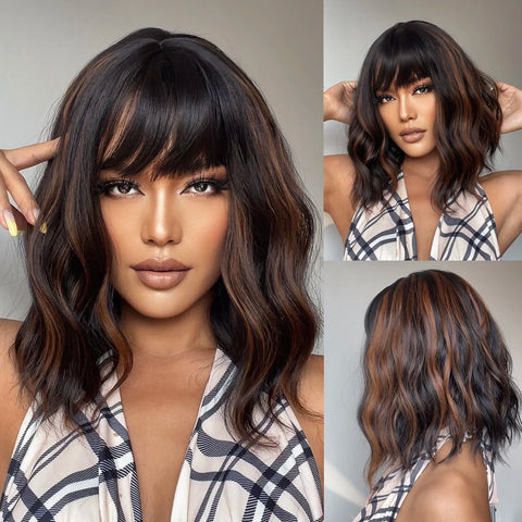 EASIHAIR Ombre Brown Blonde Wigs with Bangs - Layered Heat Resistant Synthetic Wig for Women