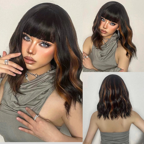 EASIHAIR Dark Brown Wavy Bob Wig with Bangs - Synthetic Heat Resistant Medium Length Wig for Women
