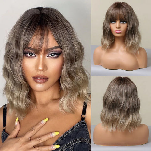 EASIHAIR Ombre Brown Blonde Wigs with Bangs - Layered Heat Resistant Synthetic Wig for Women