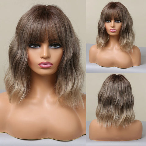 EASIHAIR Dark Brown Wavy Bob Wig with Bangs - Synthetic Heat Resistant Medium Length Wig for Women