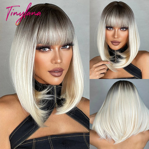 Medium Straight Synthetic Bob Wig Dark Black Brown Short Wigs With Bangs for Women Cosplay Daily Layered Hair Heat Resistant