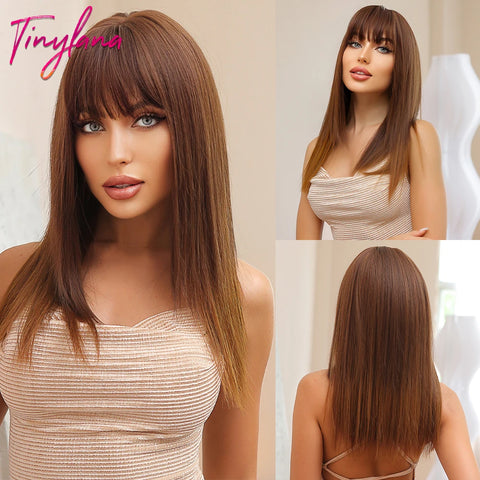 Medium Straight Synthetic Bob Wig Dark Black Brown Short Wigs With Bangs for Women Cosplay Daily Layered Hair Heat Resistant
