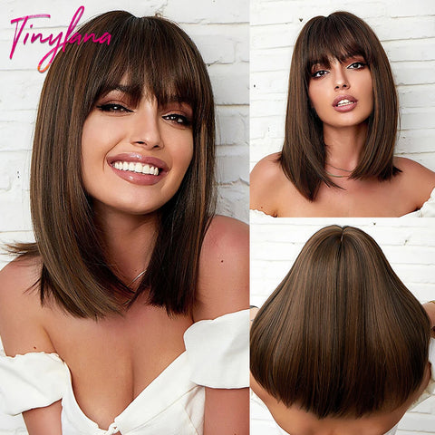 Medium Straight Synthetic Bob Wig Dark Black Brown Short Wigs With Bangs for Women Cosplay Daily Layered Hair Heat Resistant