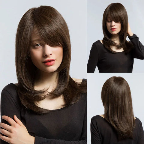 EASIHAIR Dark Brown Wavy Bob Wig with Bangs - Synthetic Heat Resistant Medium Length Wig for Women
