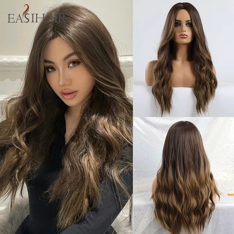 EASIHAIR Long Brown Ombre Synthetic Wigs for Women - Natural Wavy Cosplay Wig
