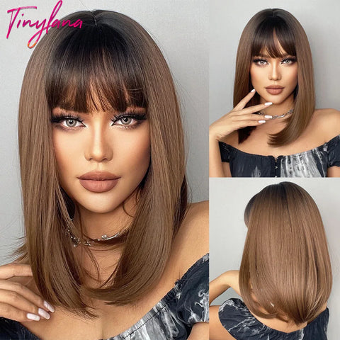 Medium Straight Synthetic Bob Wig Dark Black Brown Short Wigs With Bangs for Women Cosplay Daily Layered Hair Heat Resistant