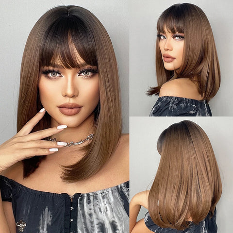 EASIHAIR Ombre Brown Blonde Wigs with Bangs - Layered Heat Resistant Synthetic Wig for Women