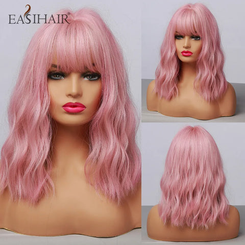 EASIHAIR Dark Brown Wavy Bob Wig with Bangs - Synthetic Heat Resistant Medium Length Wig for Women