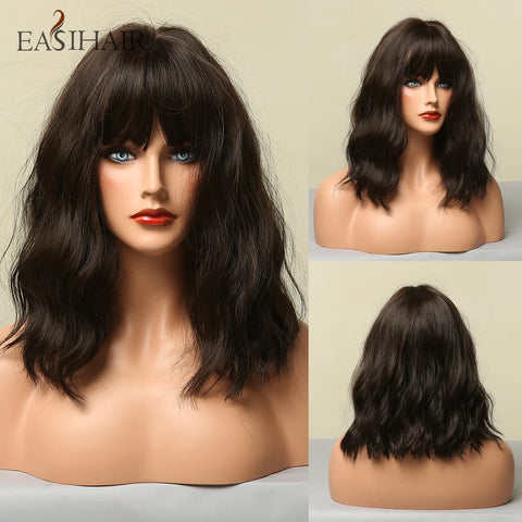 EASIHAIR Dark Brown Wavy Bob Wig with Bangs - Synthetic Heat Resistant Medium Length Wig for Women