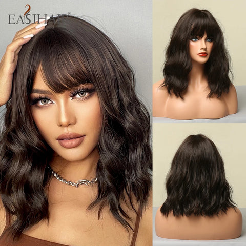 EASIHAIR Ombre Brown Blonde Wigs with Bangs - Layered Heat Resistant Synthetic Wig for Women