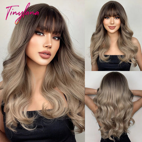 Light Pink Long Wavy Cosplay Synthetic Hair Wig with Bangs - Perfect for Halloween and Daily Wear