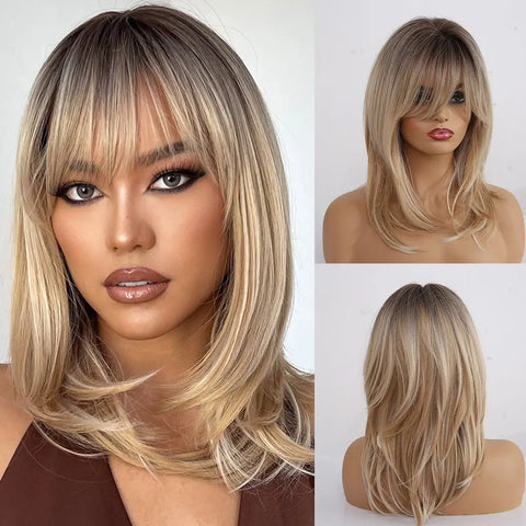 Gray Ash Blonde Pink Highlight Synthetic Hair Wigs with Bangs - Long Straight Ombre Cosplay Wig for Women
