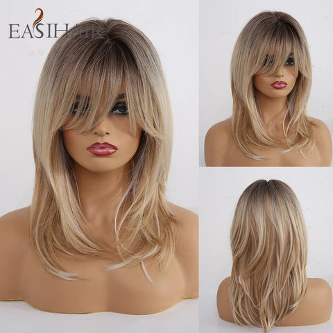 EASIHAIR Dark Brown Wavy Bob Wig with Bangs - Synthetic Heat Resistant Medium Length Wig for Women