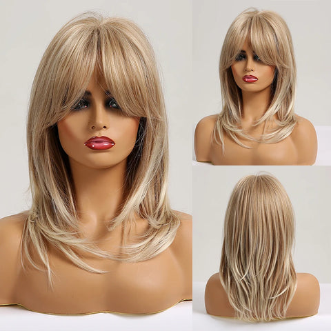 EASIHAIR Ombre Brown Blonde Wigs with Bangs - Layered Heat Resistant Synthetic Wig for Women