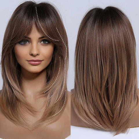 Gray Ash Blonde Pink Highlight Synthetic Hair Wigs with Bangs - Long Straight Ombre Cosplay Wig for Women