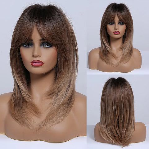 EASIHAIR Ombre Brown Blonde Wigs with Bangs - Layered Heat Resistant Synthetic Wig for Women