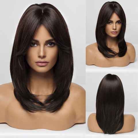 EASIHAIR Ombre Brown Blonde Wigs with Bangs - Layered Heat Resistant Synthetic Wig for Women