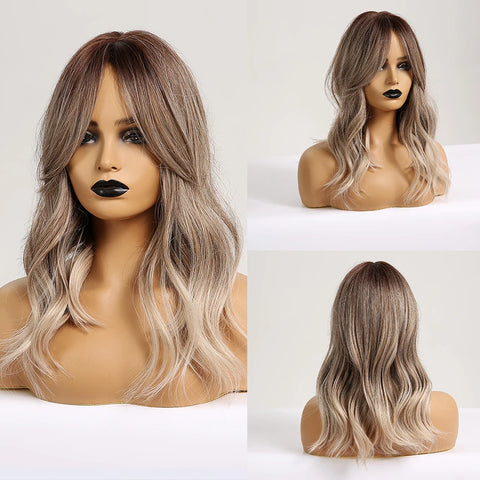EASIHAIR Dark Brown Wavy Bob Wig with Bangs - Synthetic Heat Resistant Medium Length Wig for Women