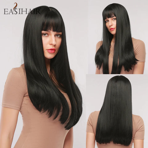 EASIHAIR Ombre Brown Blonde Wigs with Bangs - Layered Heat Resistant Synthetic Wig for Women