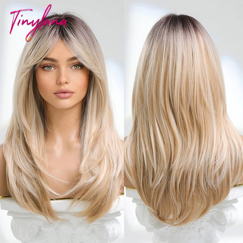 Gray Ash Blonde Pink Highlight Synthetic Hair Wigs with Bangs - Long Straight Ombre Cosplay Wig for Women