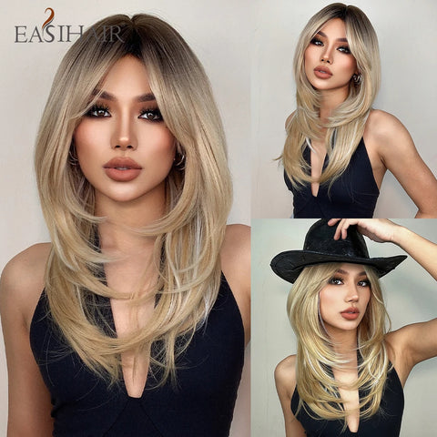 EASIHAIR Dark Brown Wavy Bob Wig with Bangs - Synthetic Heat Resistant Medium Length Wig for Women