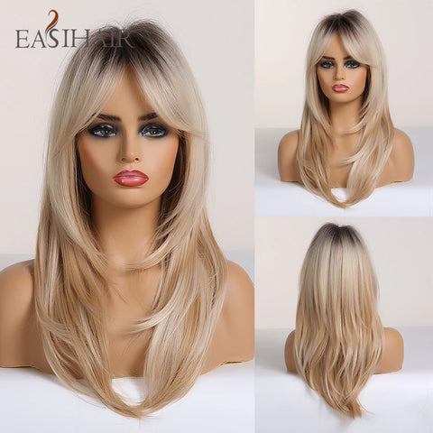 EASIHAIR Ombre Brown Blonde Wigs with Bangs - Layered Heat Resistant Synthetic Wig for Women