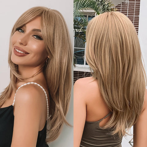 Gray Ash Blonde Pink Highlight Synthetic Hair Wigs with Bangs - Long Straight Ombre Cosplay Wig for Women