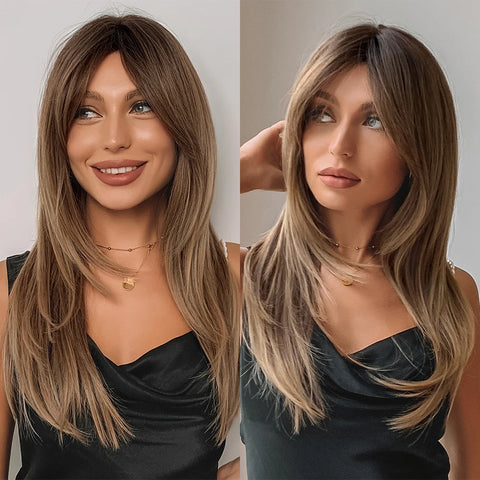 Gray Ash Blonde Pink Highlight Synthetic Hair Wigs with Bangs - Long Straight Ombre Cosplay Wig for Women
