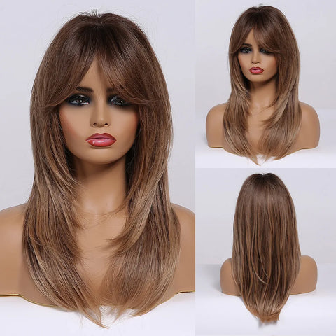 EASIHAIR Ombre Brown Blonde Wigs with Bangs - Layered Heat Resistant Synthetic Wig for Women