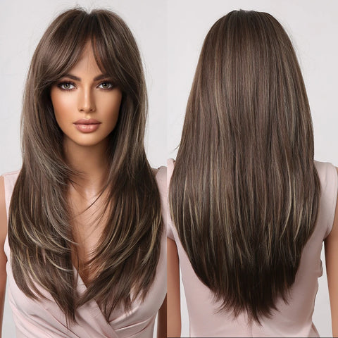 Gray Ash Blonde Pink Highlight Synthetic Hair Wigs with Bangs - Long Straight Ombre Cosplay Wig for Women